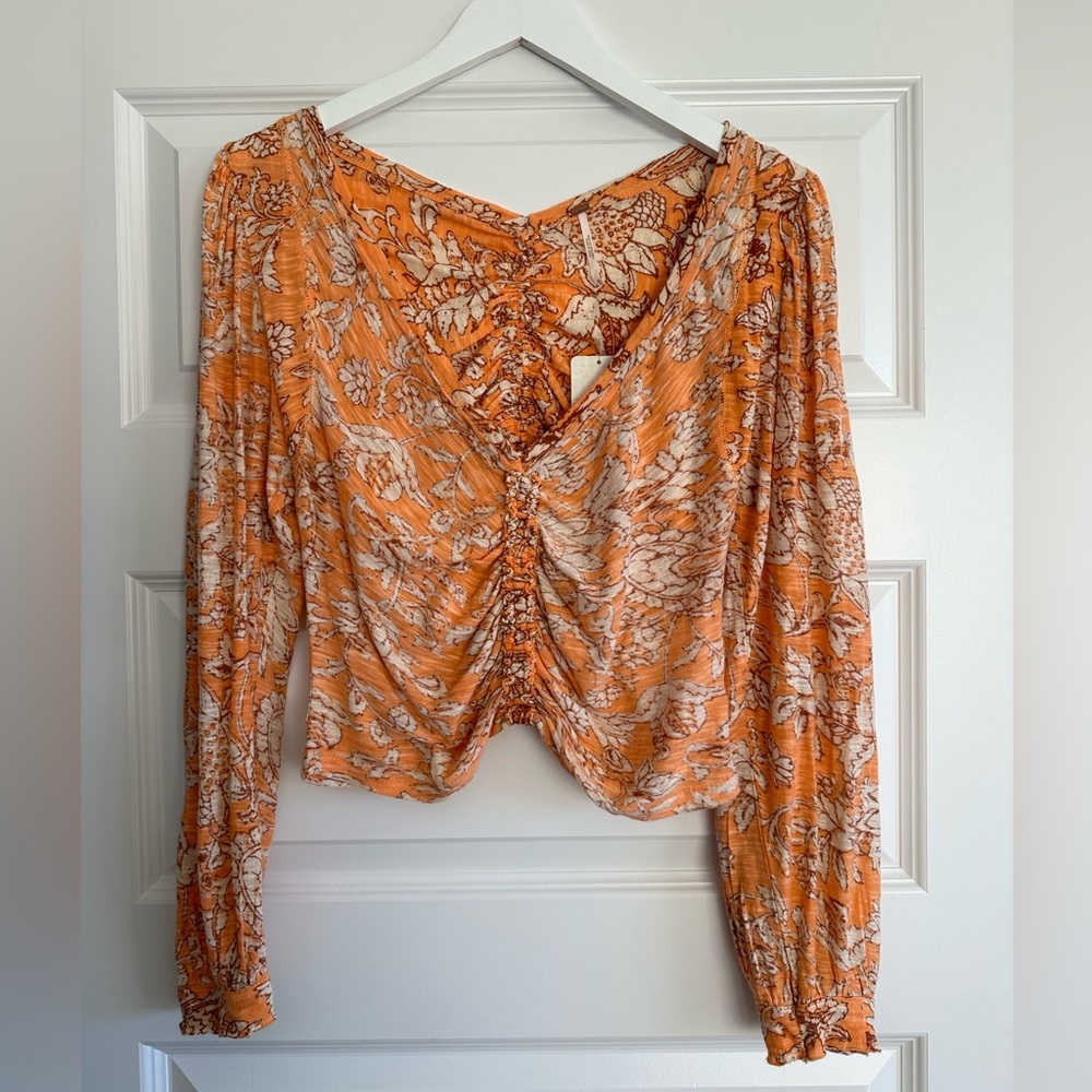 Free People Orange Floral Ruched V-Neck Blouse - Medium